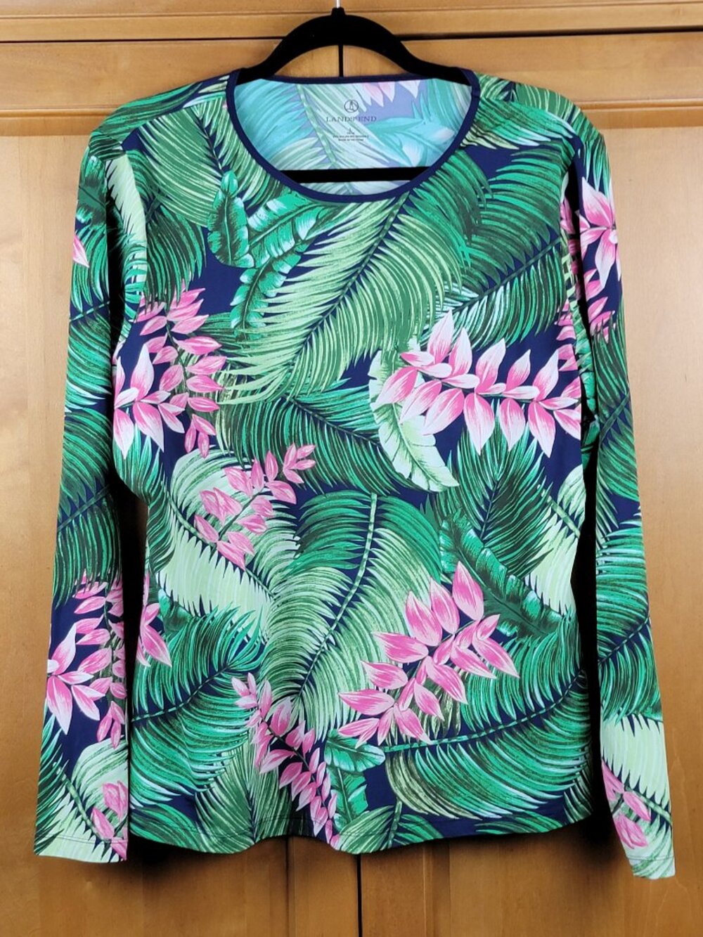 Lands' End Women's Tropical Floral Print Long Sleeve Rash Guard Swim Shirt - L